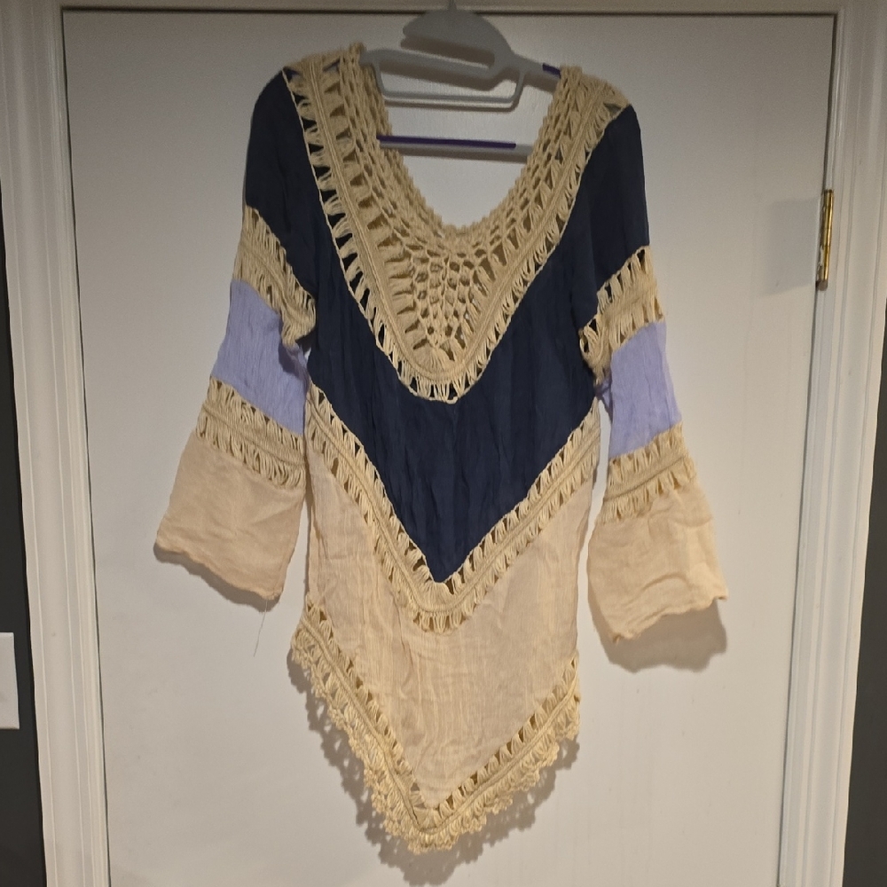 Boho Crochet Trim Top - Navy, Cream, and Periwinkle